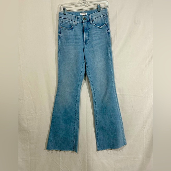 Good American Women’s Jeans Size 4 / 27 Light Wash Flare Raw Hem Stretch Denim - Picture 1 of 6